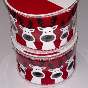 Reindeer Wired Ribbon Red & White Cute Reindeer White Fluff edge Cartoon Deer